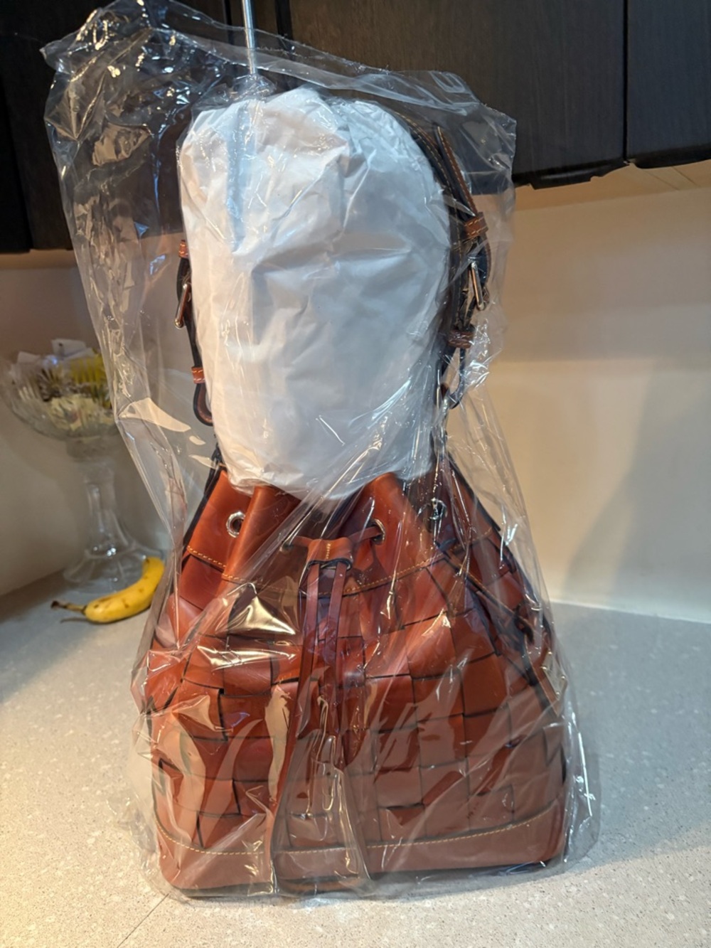 Dooney & Bourke Woven Belmar 30 Drawstring Shoulder Bag in tan. - Picture 2 of 7